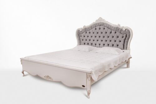 Solid Roberta bed, white/golden wood, gray padded 180x200